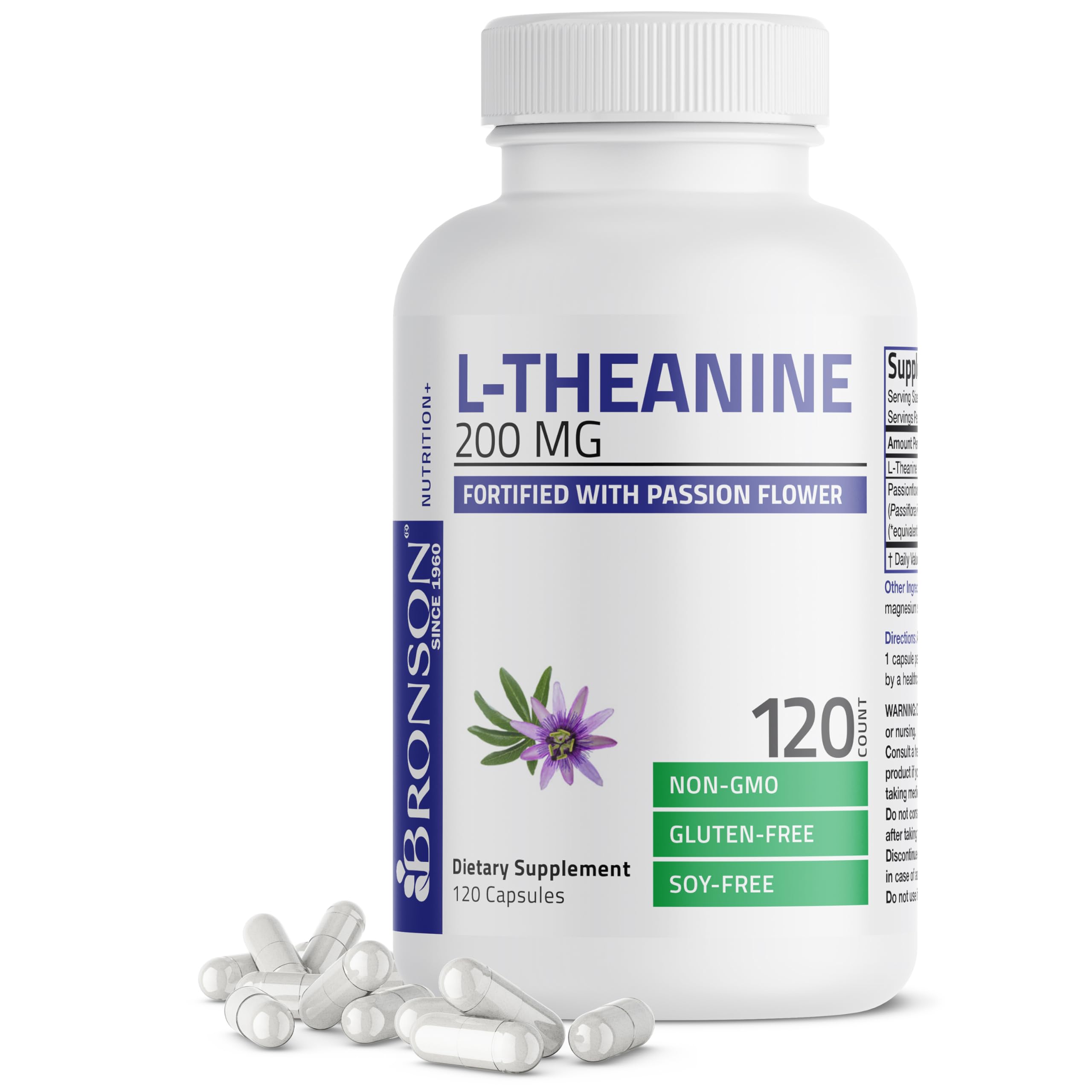 Bronson L-Theanine 200mg bottle with passion flower promotes calm focus