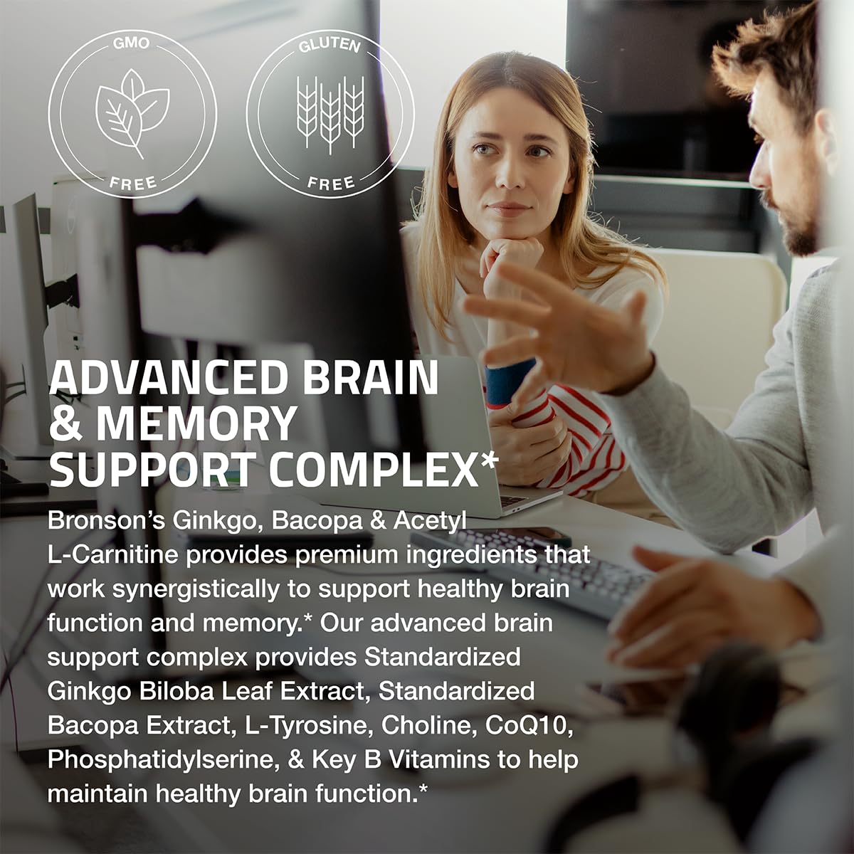 Bronson label closeup highlights standardized ingredients for brain health.