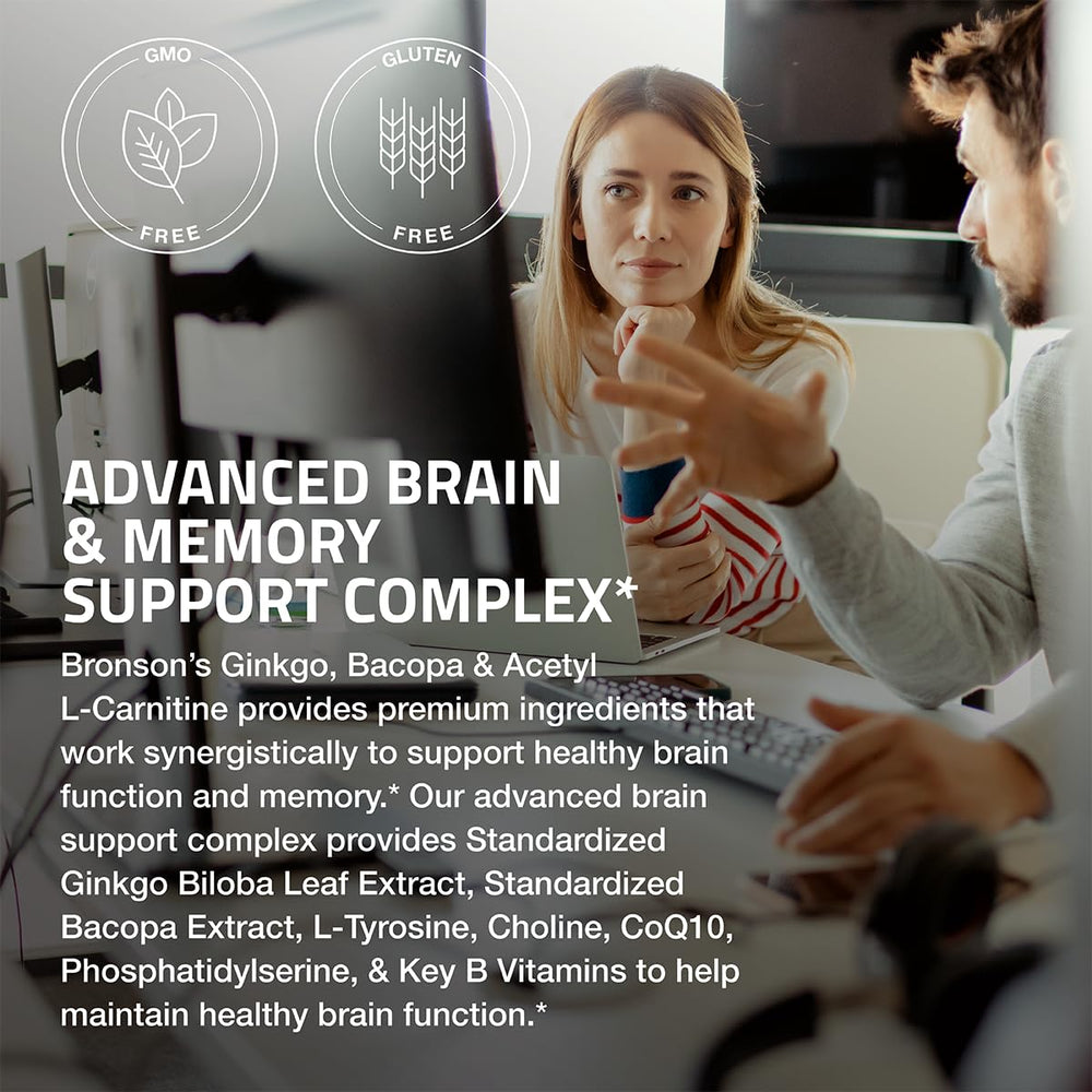 Bronson label closeup highlights standardized ingredients for brain health.