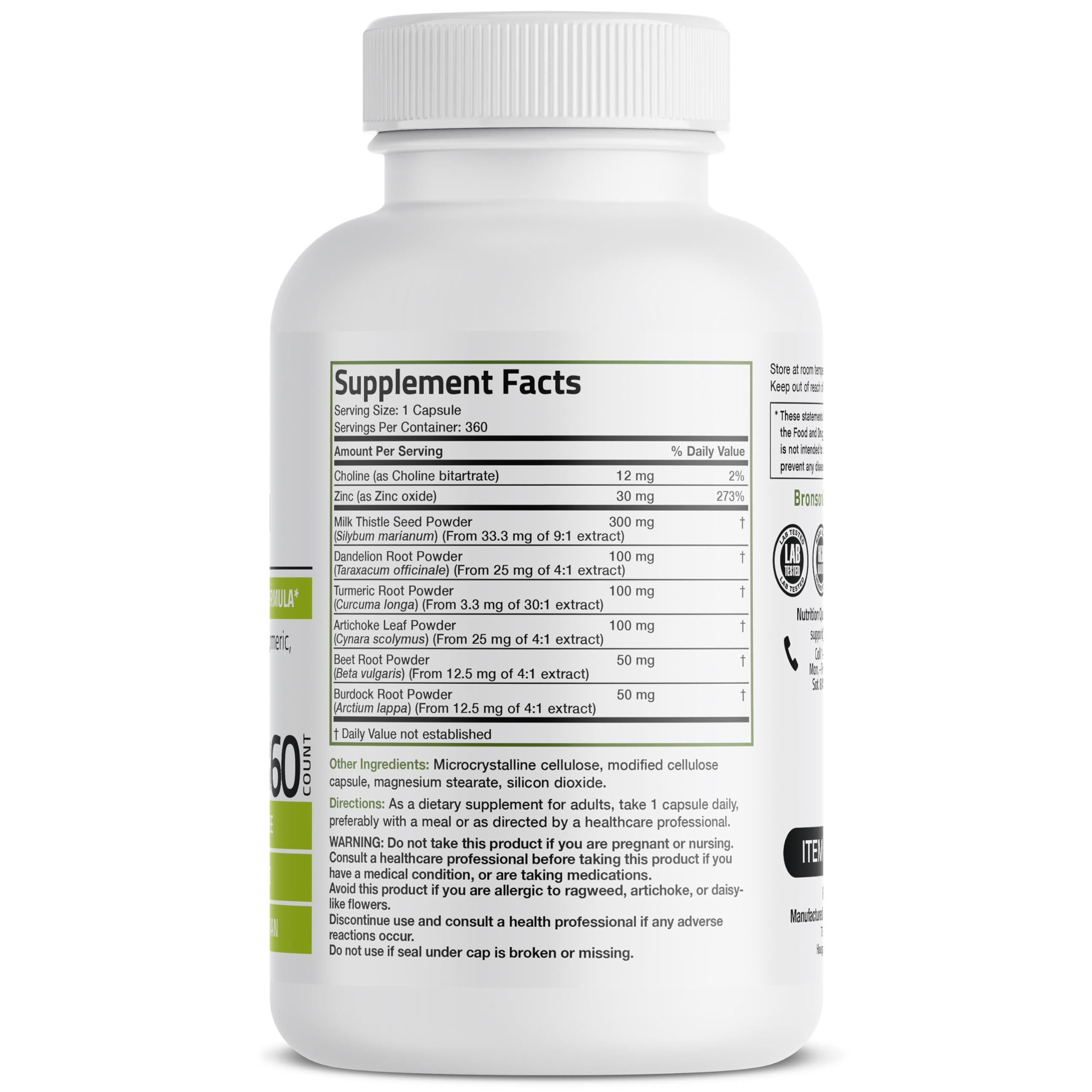 Bronson Liver Detox bottle label shows ingredients like milk thistle and artichoke for holistic support.