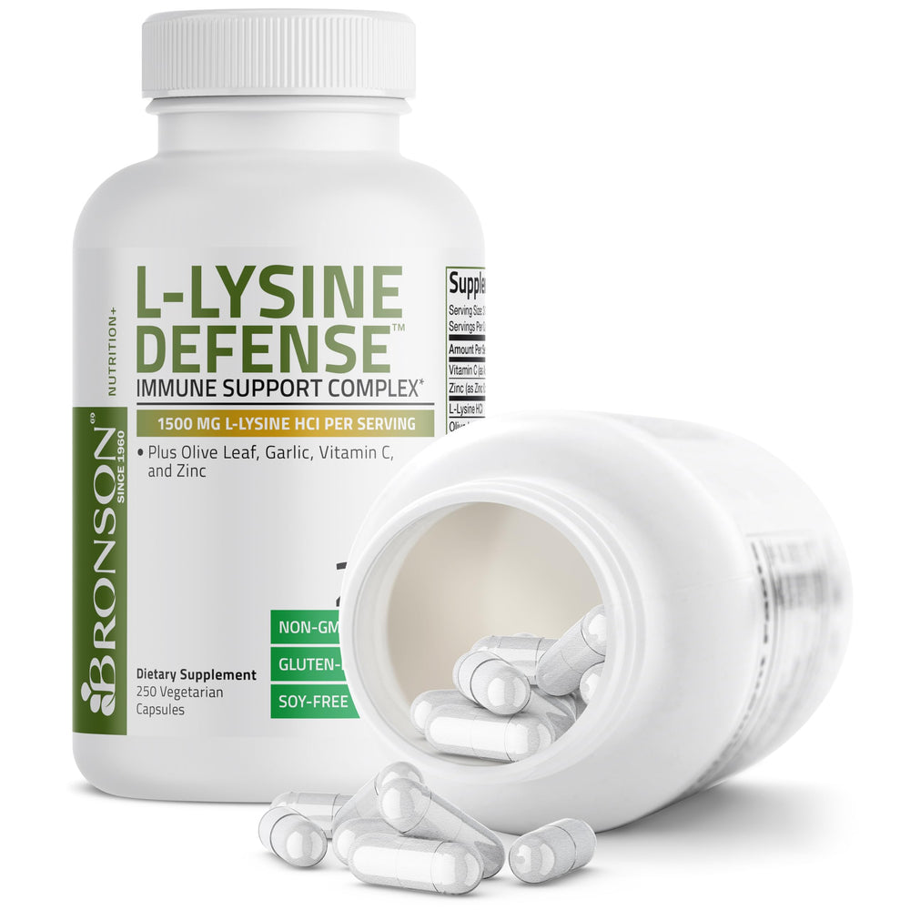 Bronson L-Lysine Defense capsules close-up showing vegetarian capsules