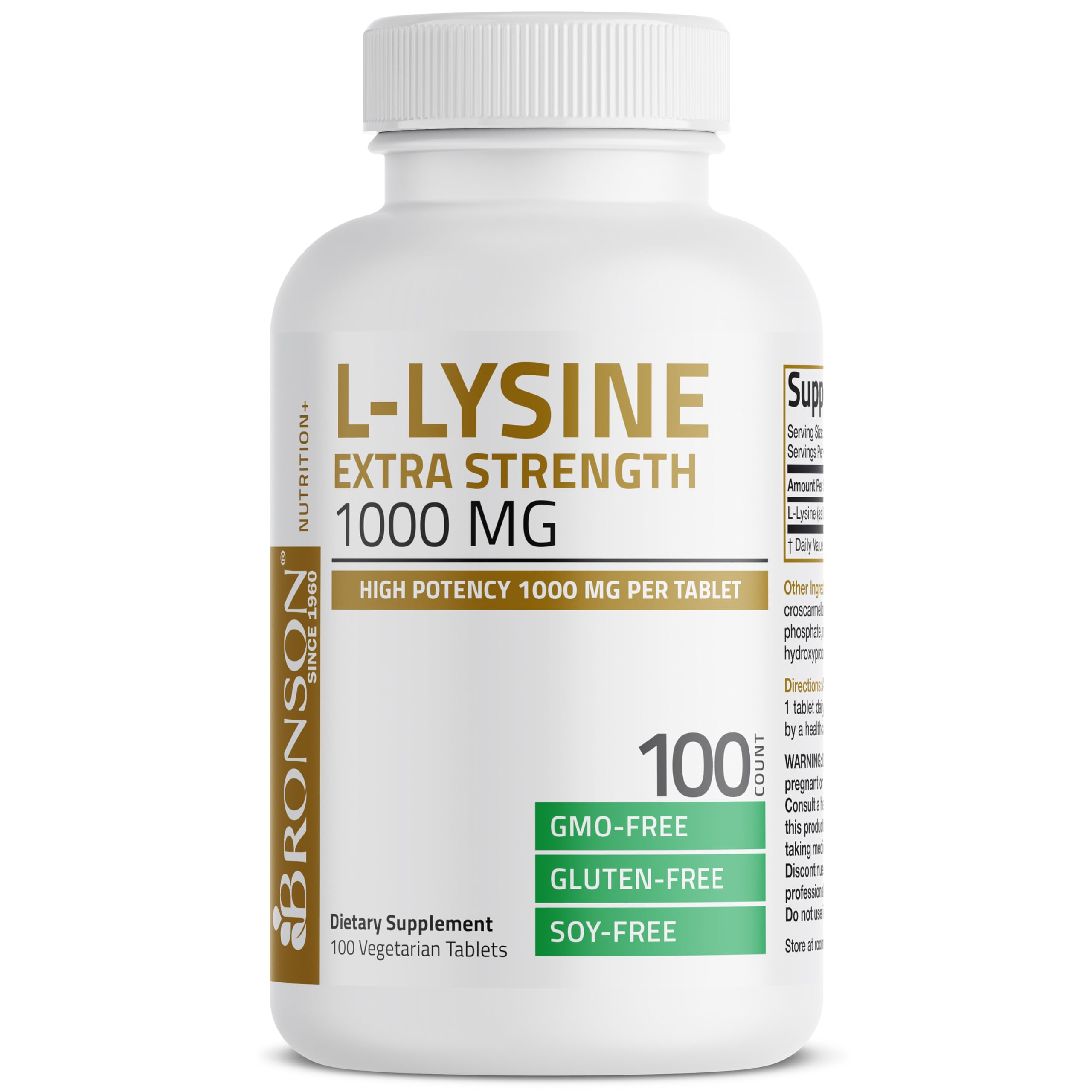 Bronson Lysine packaging box emphasizing non-GMO and gluten-free features.