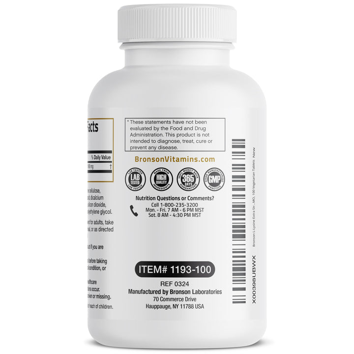 Close-up of Bronson L-Lysine tablets highlighting 1000 mg potency.