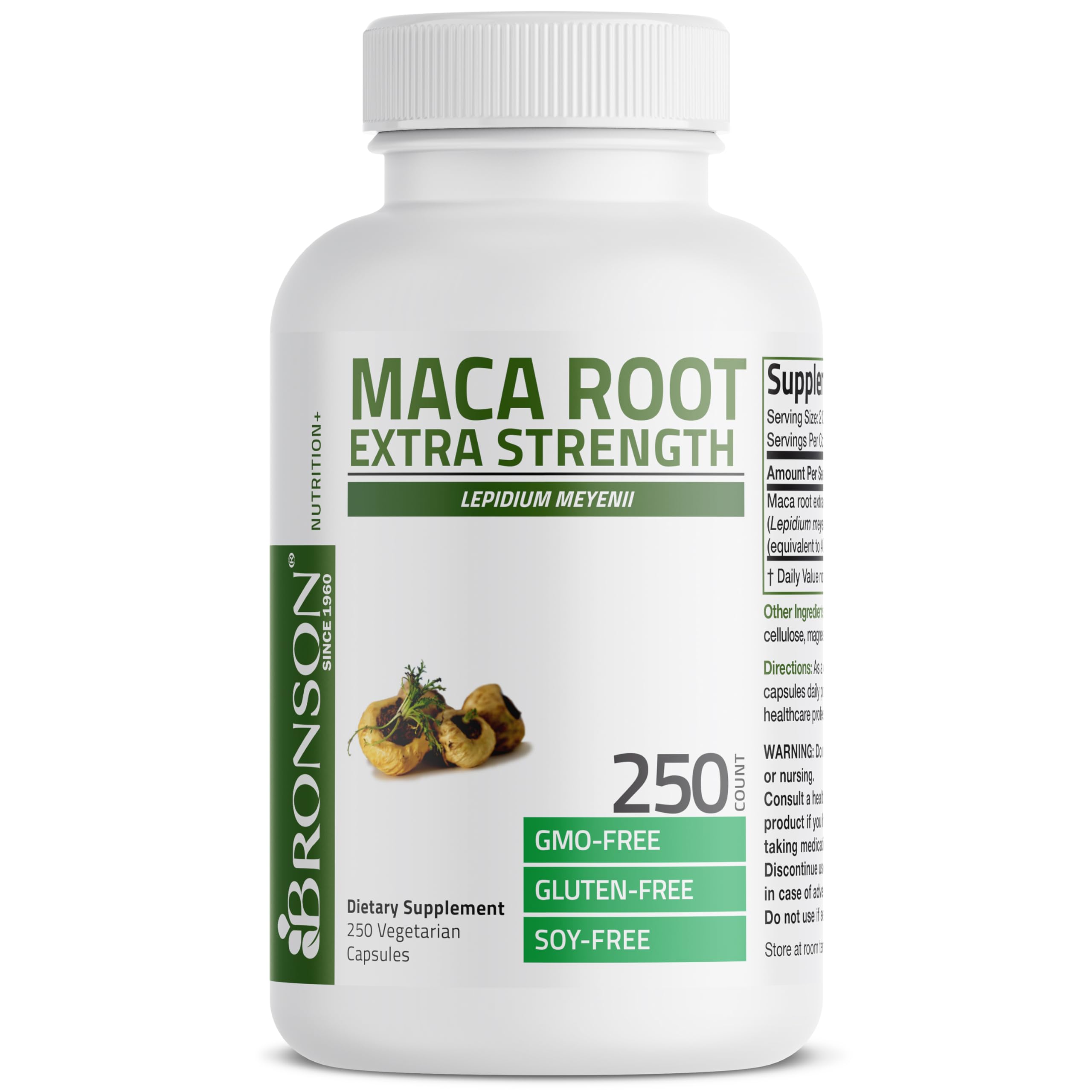 Bronson Maca Root Extra back label shows gluten-free and soy-free attributes.