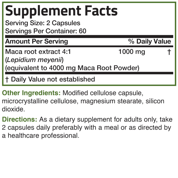 Bronson Maca Root Extra Lepidium Meyenii ingredients panel