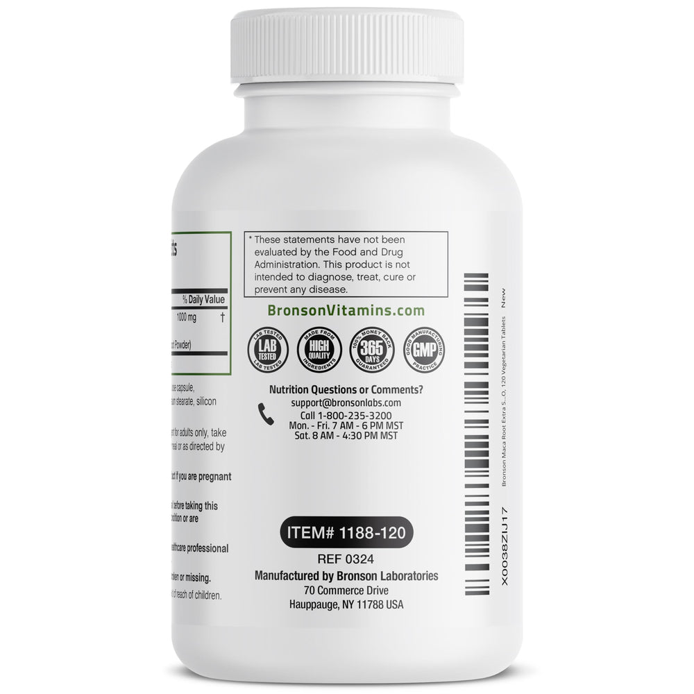 Bronson Maca Root Extra Lepidium Meyenii packaging back, directions and counts
