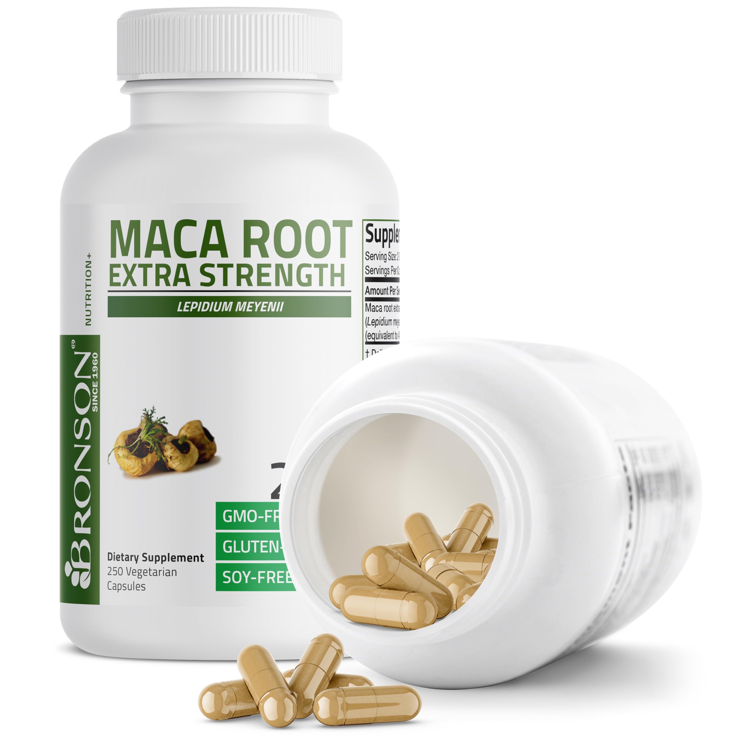 Bronson Maca Root Extra packaging displays 250 vegetarian capsules.