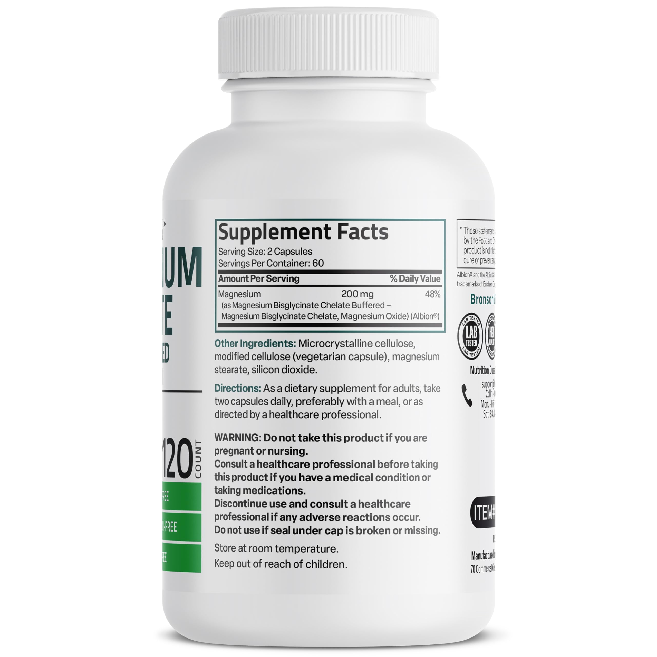 Bronson Magnesium Glycinate capsules close-up shows gentle stomach formulation.