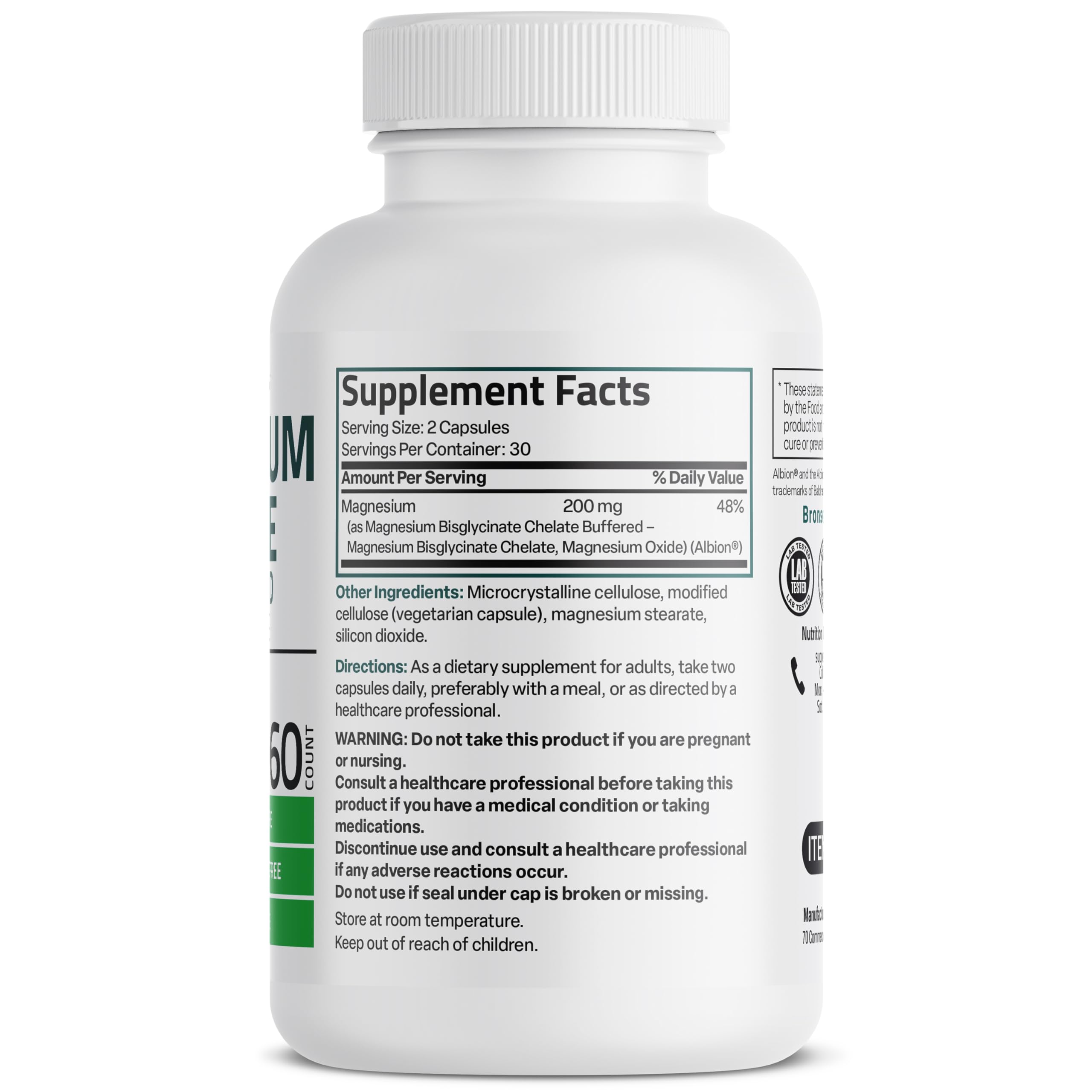 Bronson Magnesium Glycinate capsules close-up shows smooth, easy-to-swallow capsules.