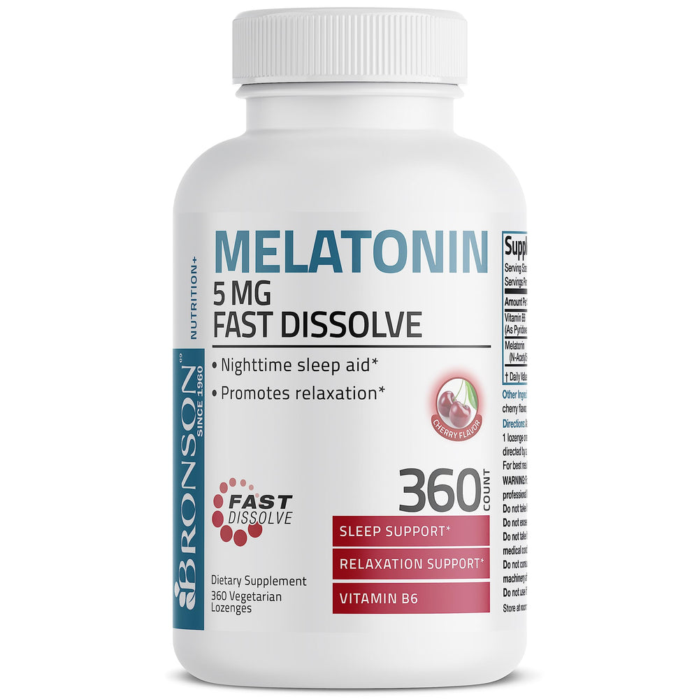 Bronson melatonin bottle on nightstand ready for easy bedtime routine.