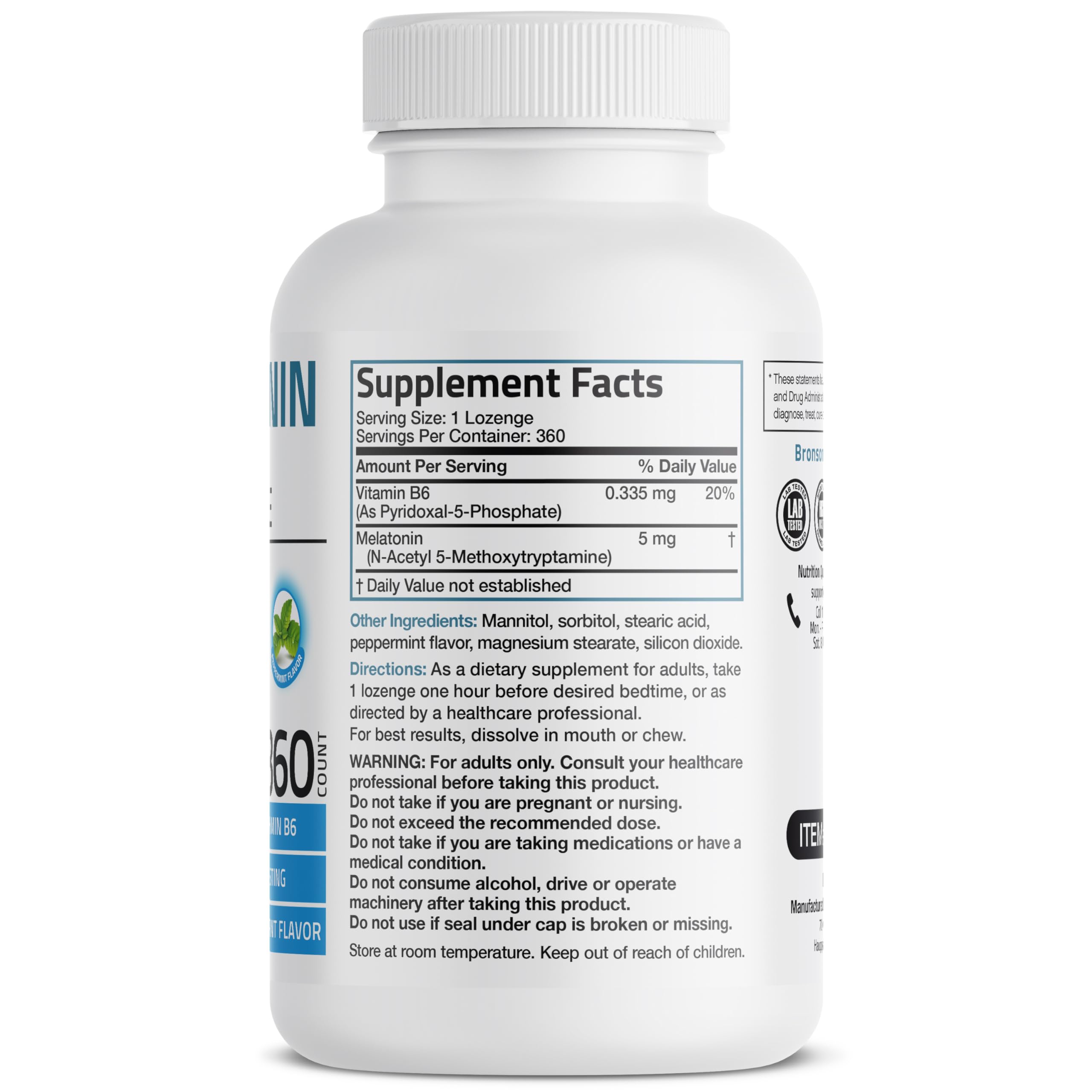 Bronson Melatonin peppermint lozenges closeup with refreshing flavor and quick absorption.