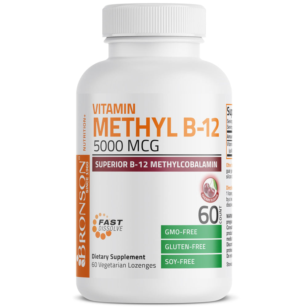 Bronson Methyl B12 vegan, non-GMO label indicating dietary compatibility.