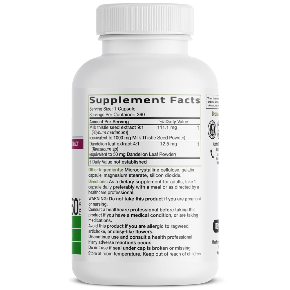 Bronson milk thistle capsules closeup suggests antioxidant support and detox-friendly use.