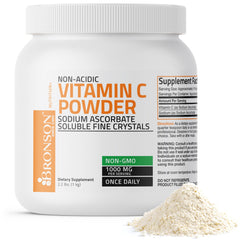 Bronson non-acidic vitamin C powder in bottle for gentle daily use and easy mixing.