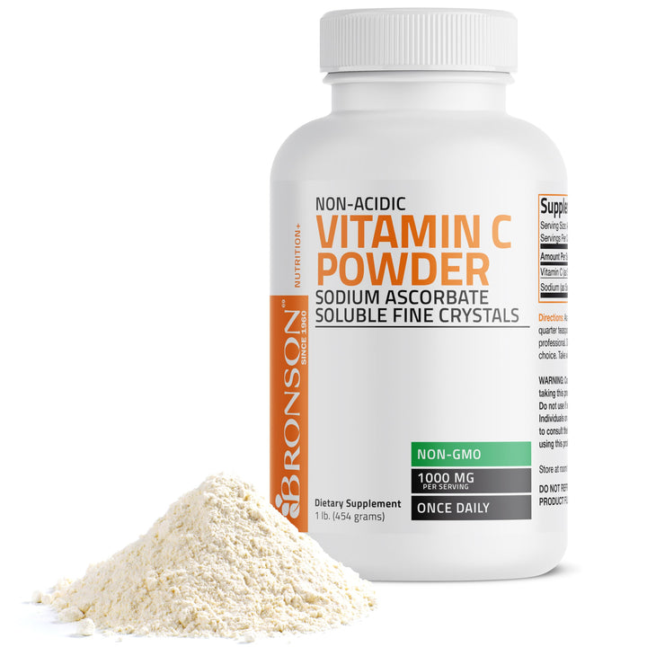 Bronson non-acidic vitamin C powder being poured for easy daily mixing.