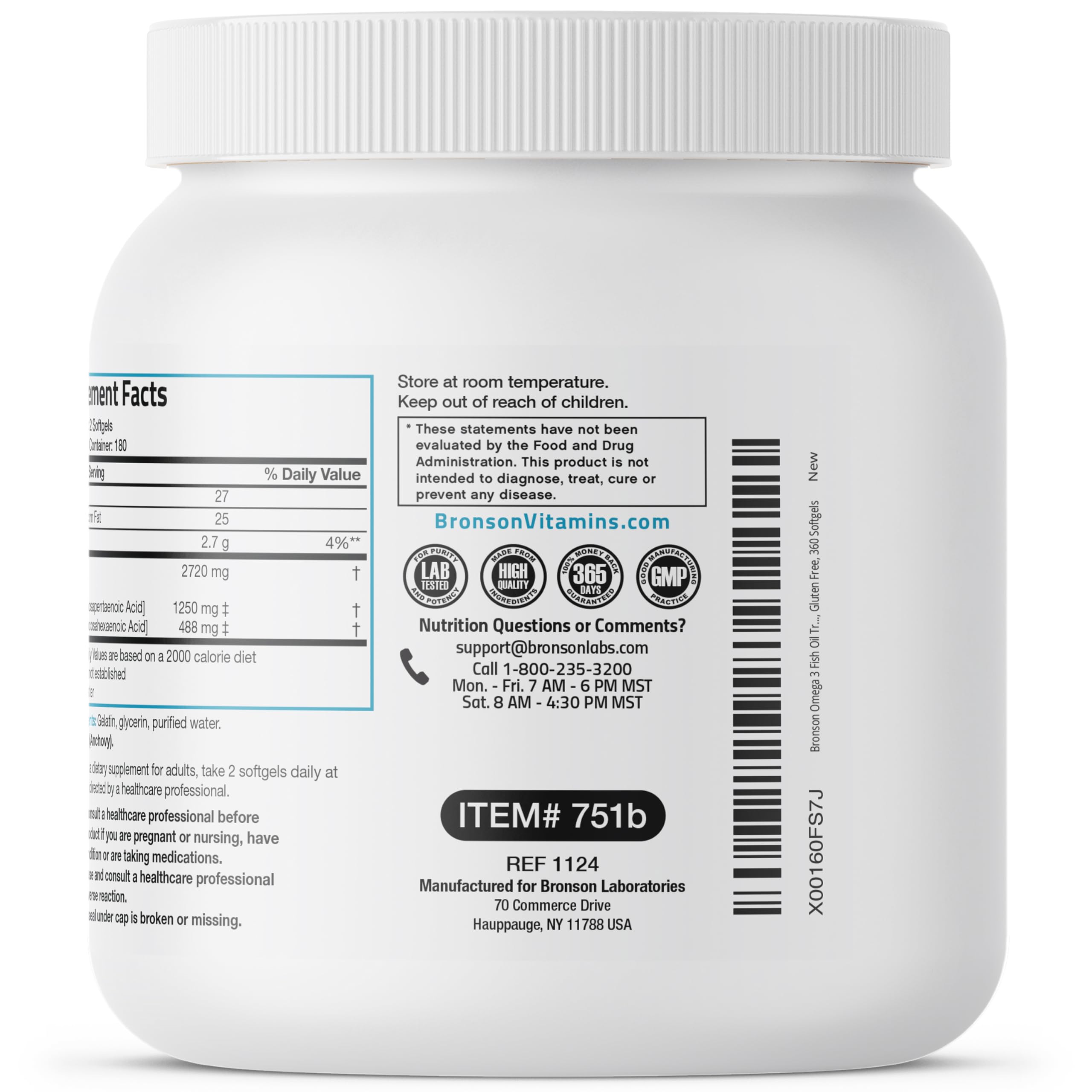 Bronson Omega 3 non-GMO label with gluten-free details