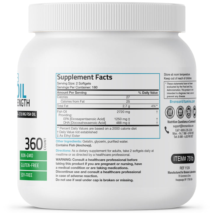 Bronson Omega 3 softgels closeup showing easy-to-swallow capsules