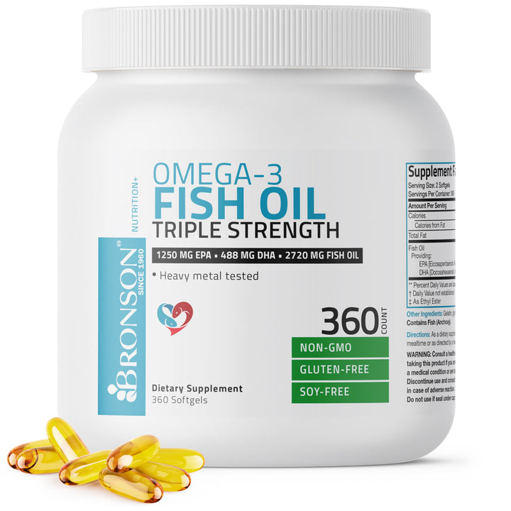 Bronson Omega 3 triple-strength bottle displaying high EPA and DHA profile