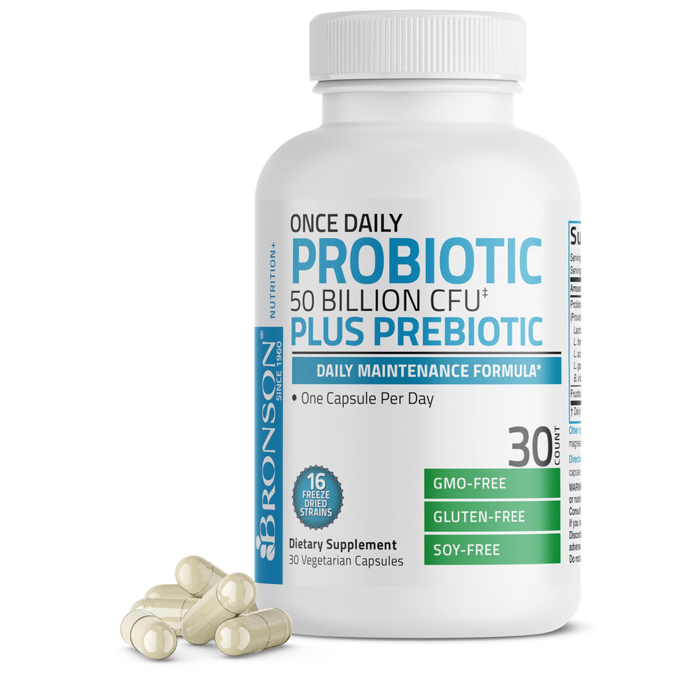 Bronson Once Daily Probiotic 50 Billion CFU bottle supports daily gut balance.
