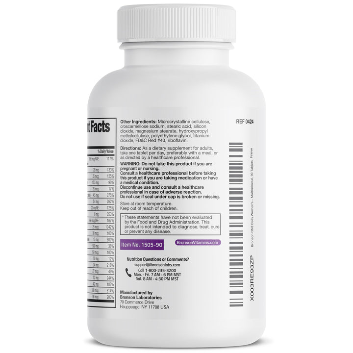 Bronson ONE Daily Women's 50+ pill count shows complete multivitamin set