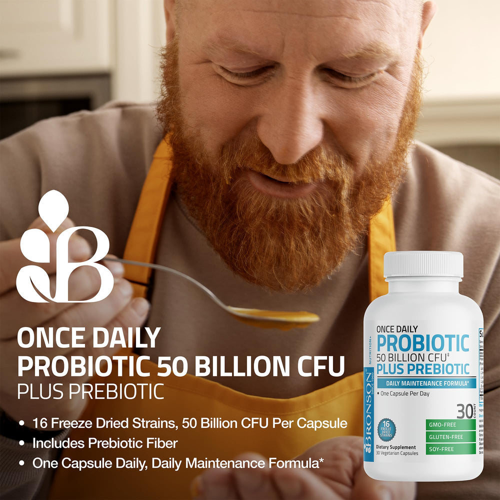 Bronson prebiotic fiber bottle nourishes good bacteria for balance.