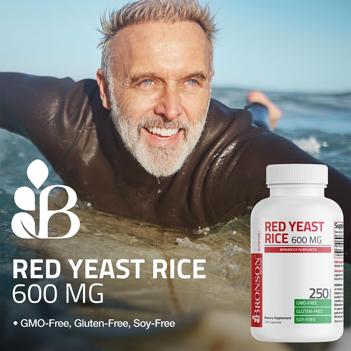 Bronson Red Yeast Rice bottle side view highlighting non-GMO claim.
