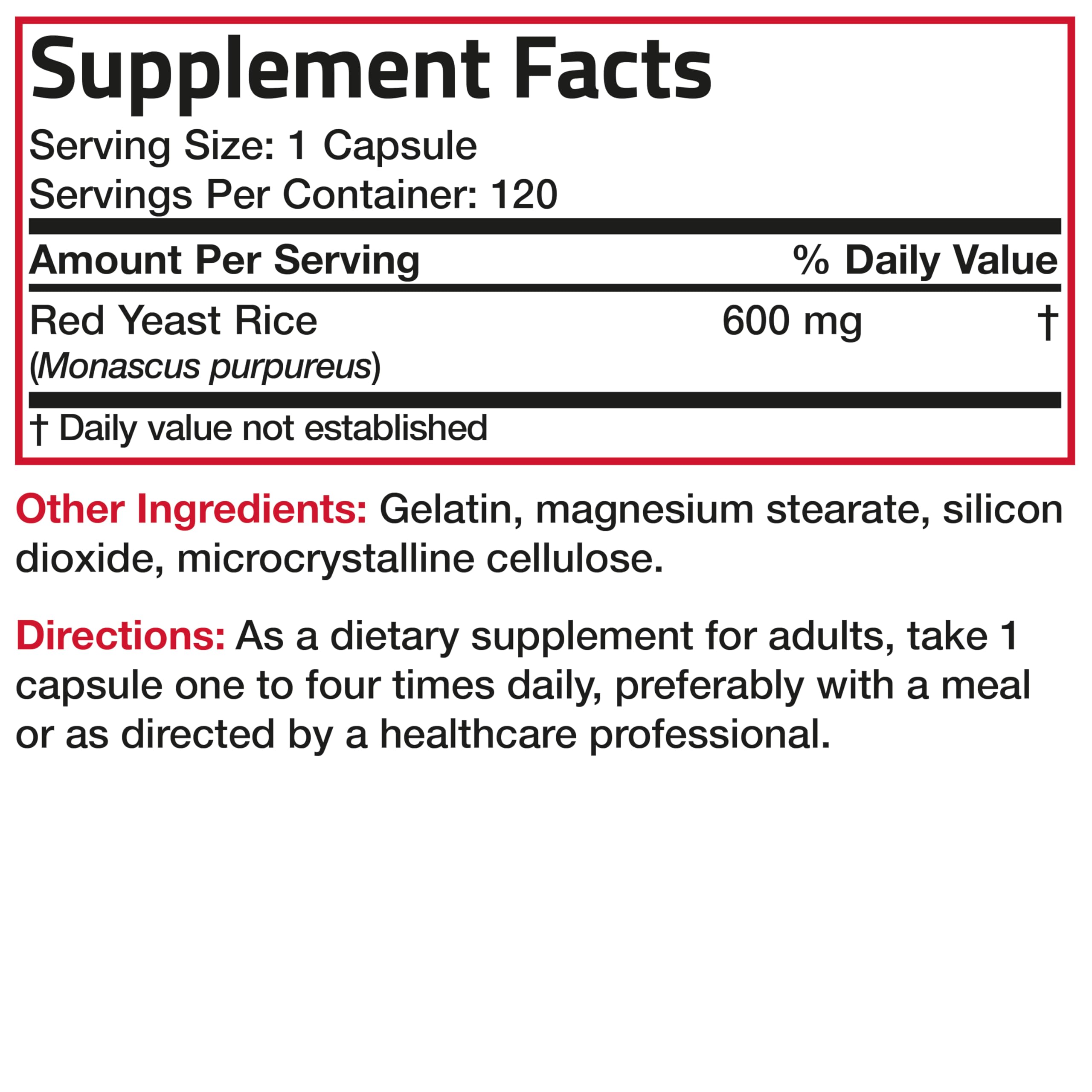 Monascus purpureus ingredient note on Bronson Red Yeast Rice bottle.