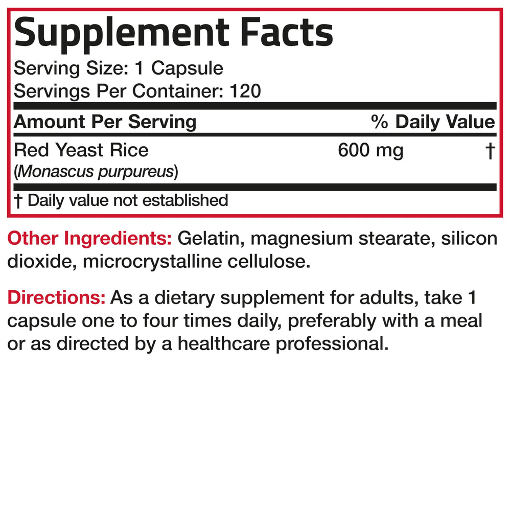 Monascus purpureus ingredient note on Bronson Red Yeast Rice bottle.