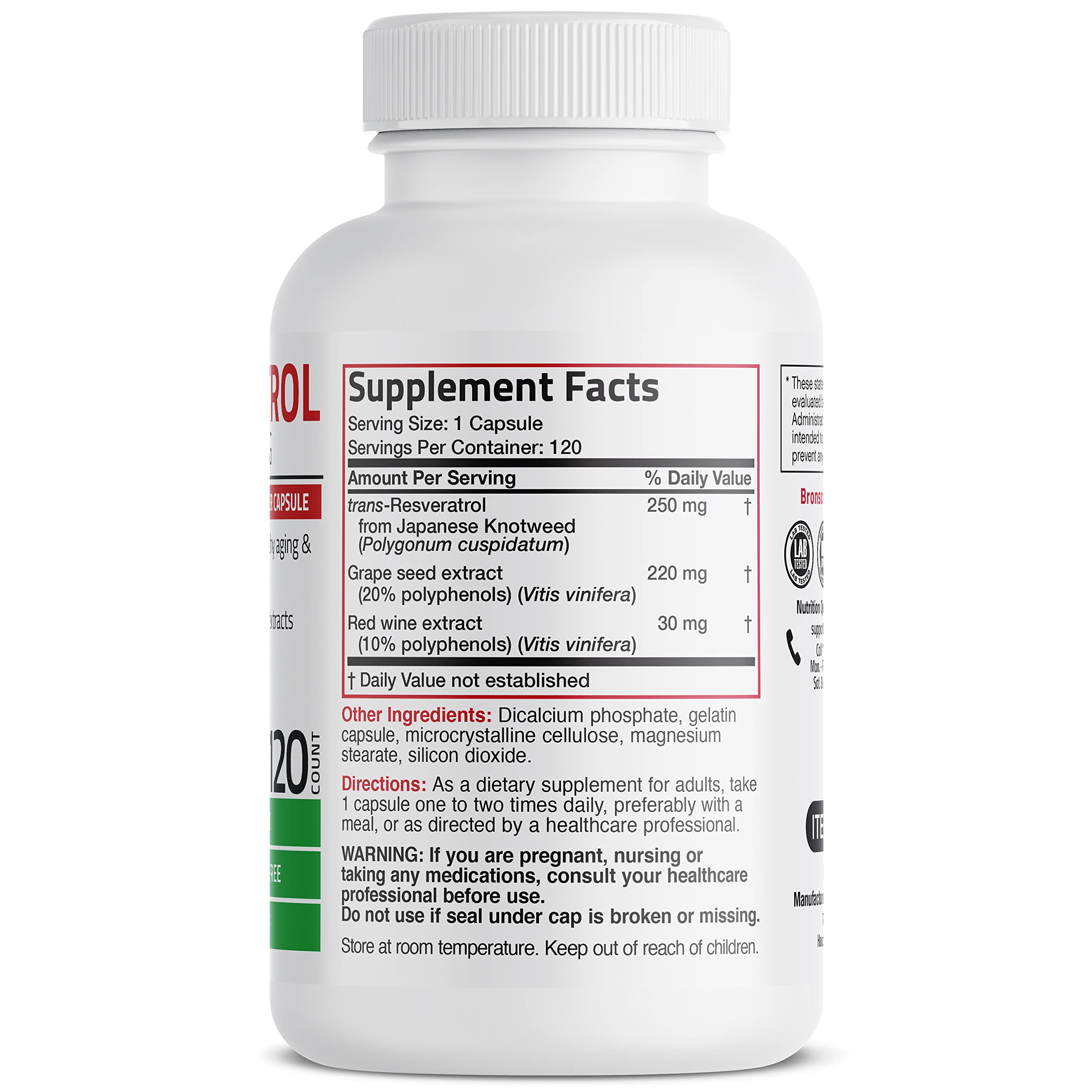 Bronson Resveratrol 500 bottle label showing ingredients and vegan formula.