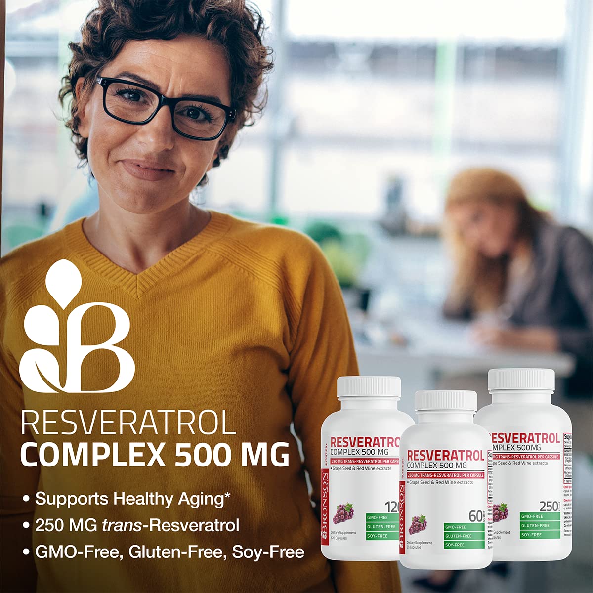 Bronson Resveratrol 500 capsules close-up highlighting capsule texture and smooth intake.