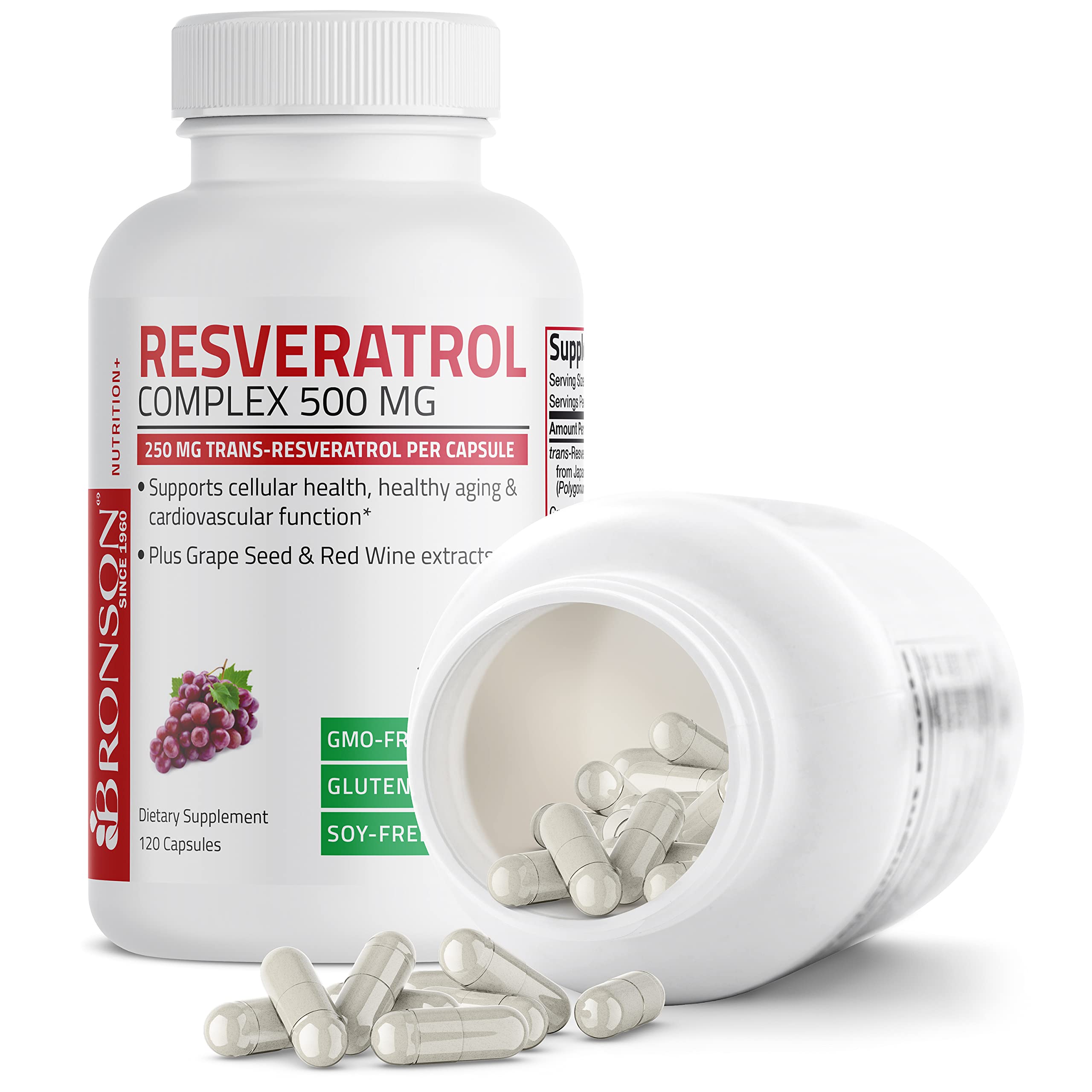 Bronson Resveratrol 500 ingredients graphic highlighting polyphenols.