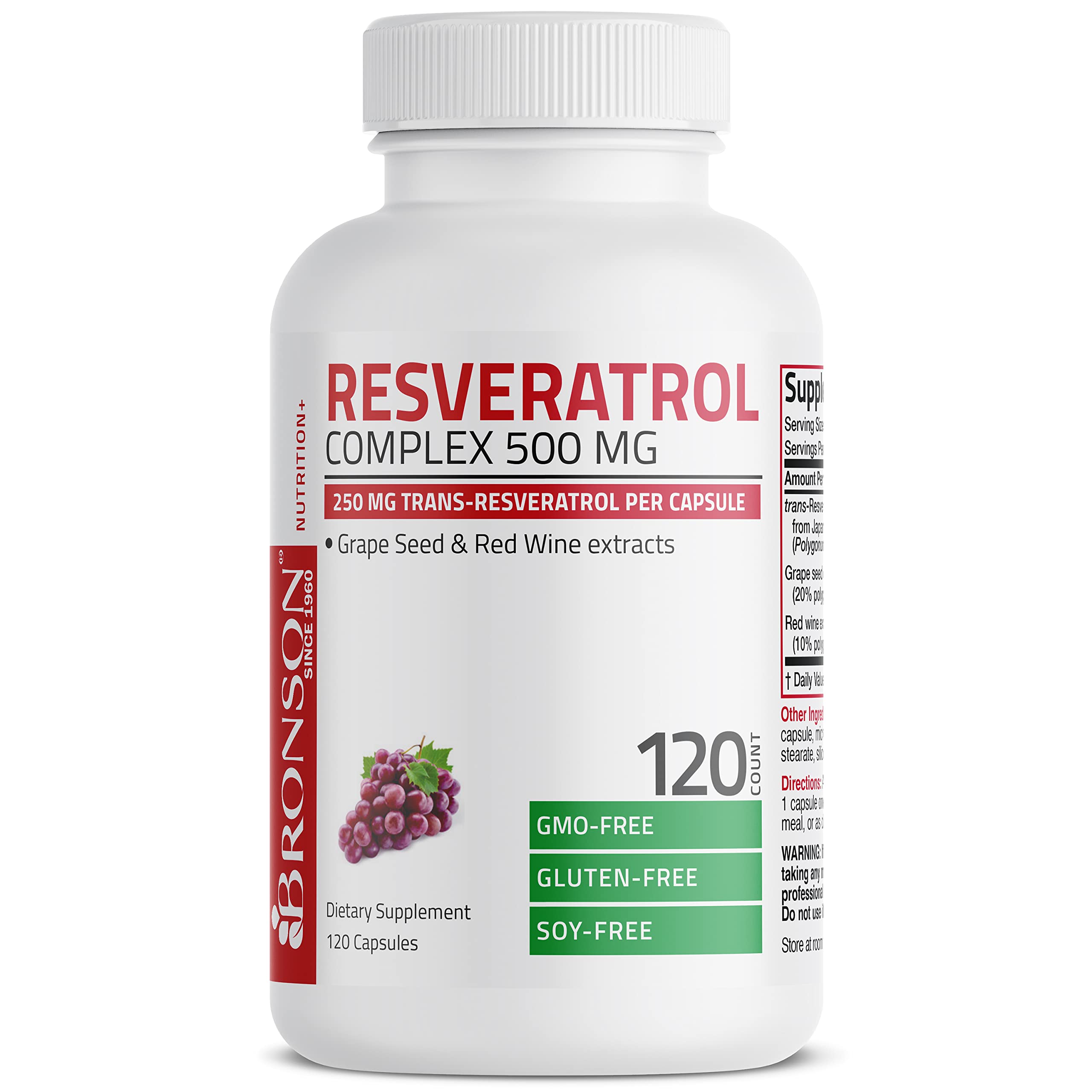 Bronson Resveratrol 500 packaging box showcasing vegan and non-GMO claims.