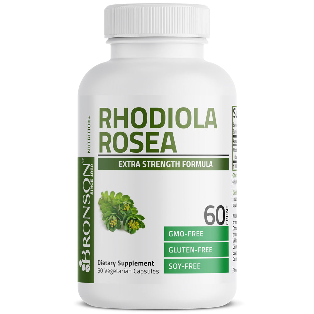 Bronson Rhodiola Rosea capsules bottle supports calm focus and daily resilience.