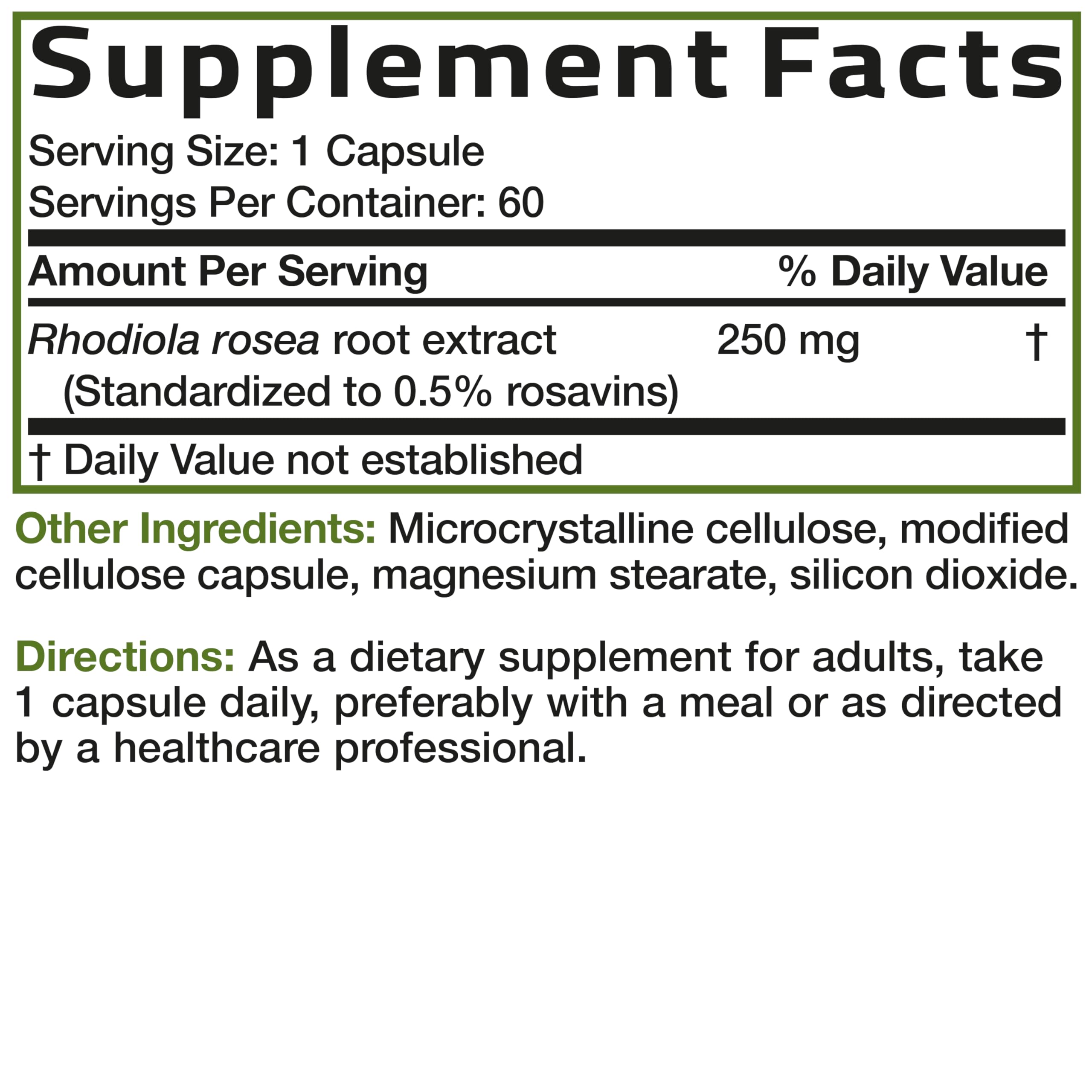 Bronson Rhodiola Rosea capsules closeup shows smooth, easy-to-swallow vegetarian capsules.