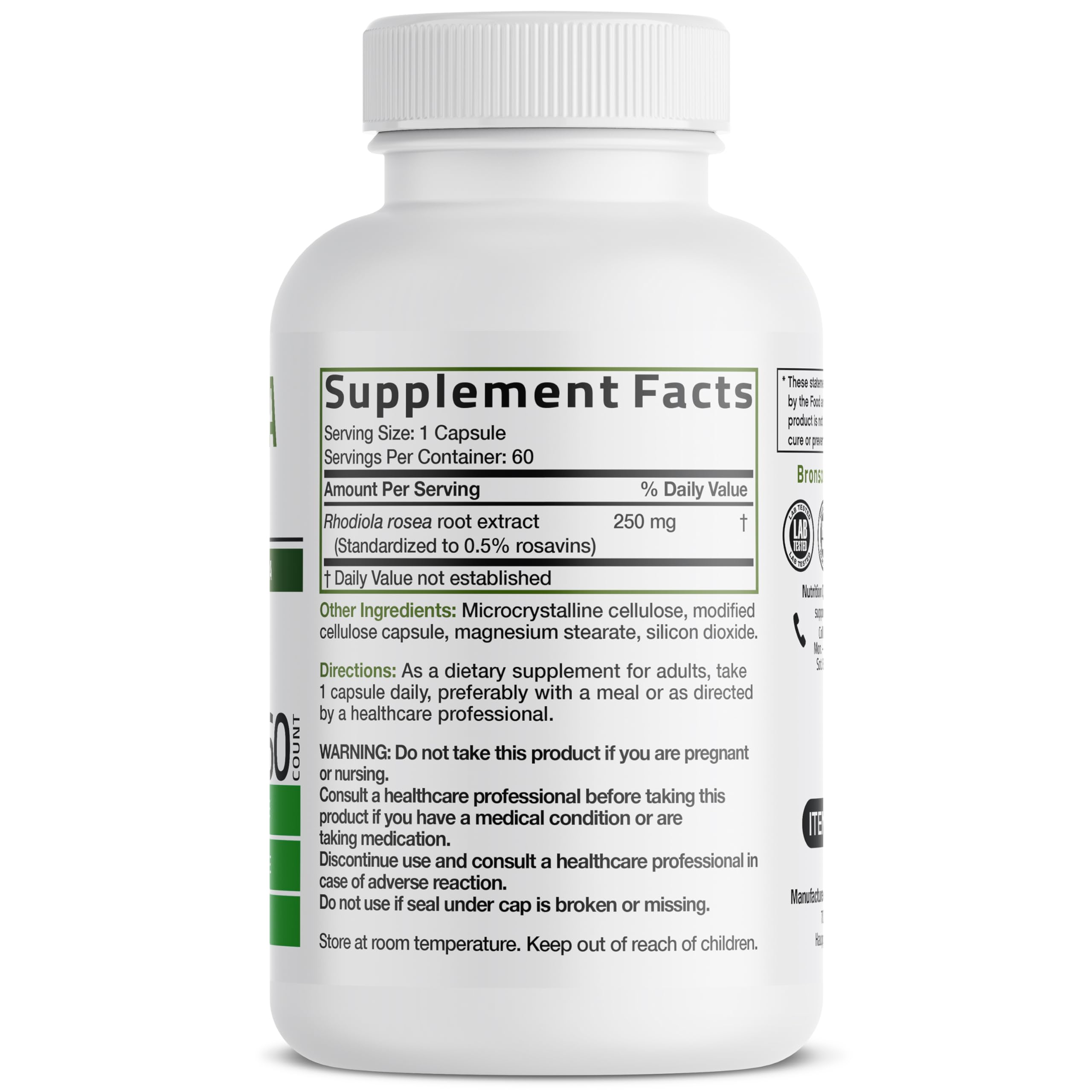 Bronson Rhodiola Rosea capsules label highlights gluten-free and non-GMO features.