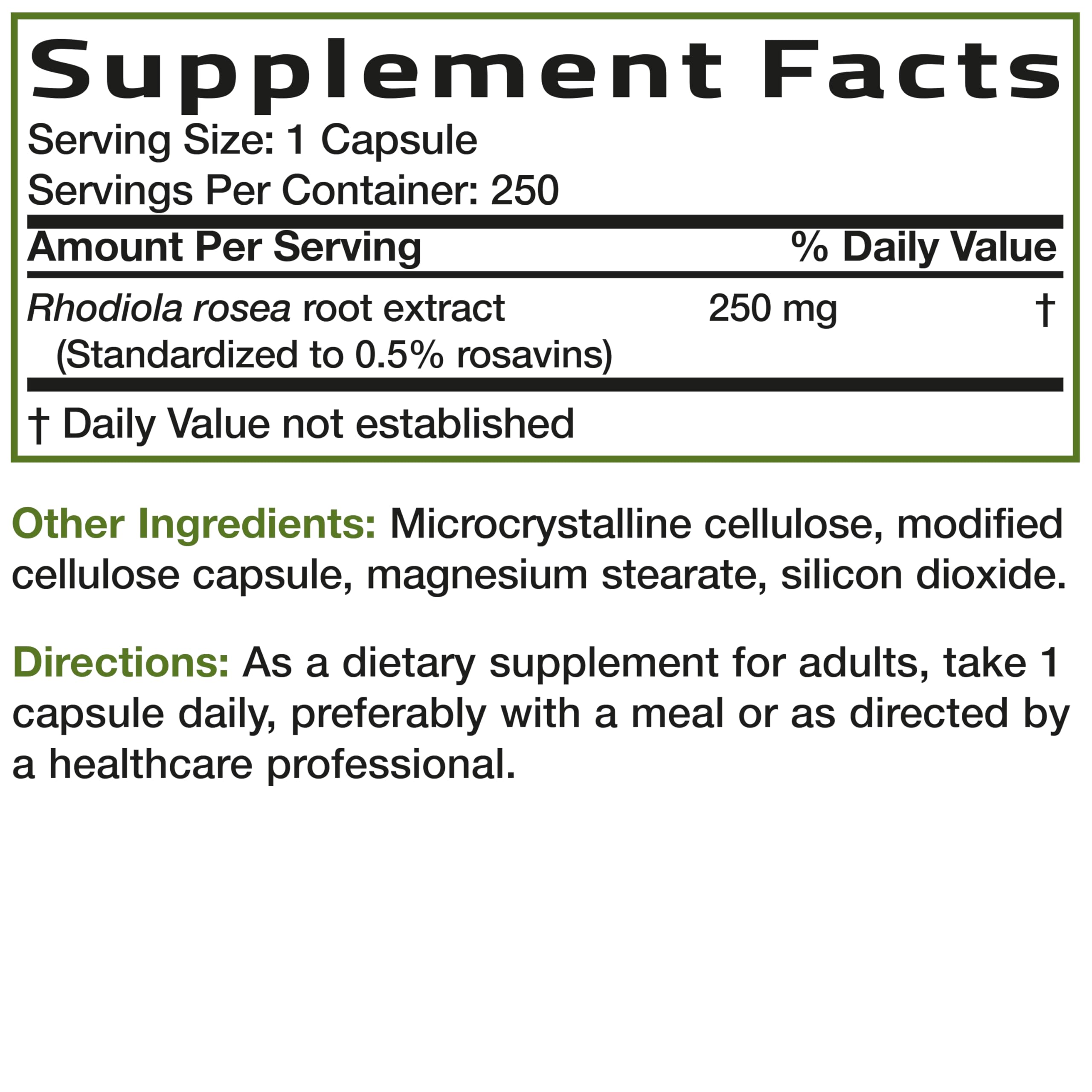 Bronson Rhodiola Rosea packaging box with 250-count supply.