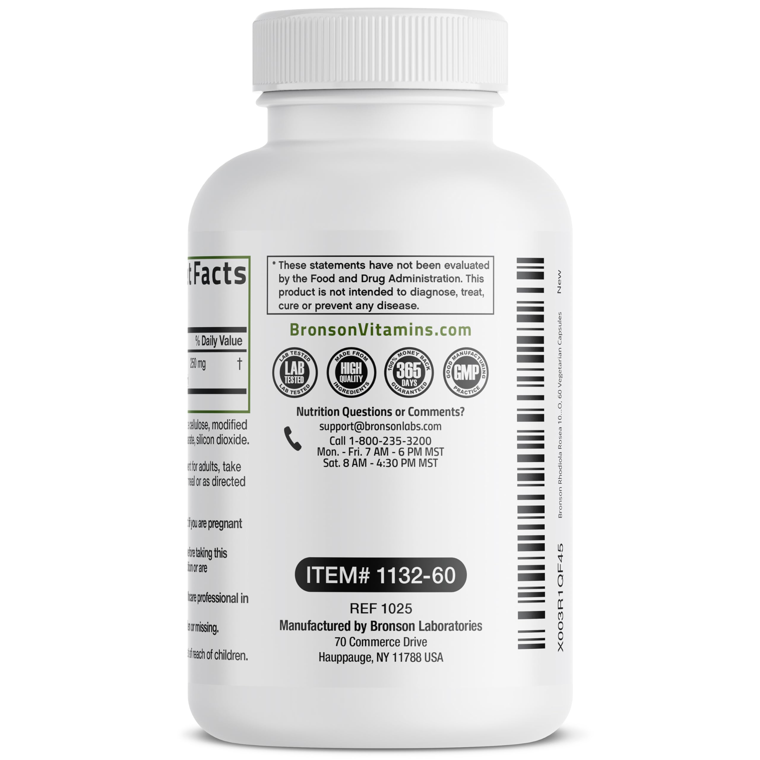 Bronson Rhodiola Rosea packaging emphasizes quality and safety from a trusted New York facility.