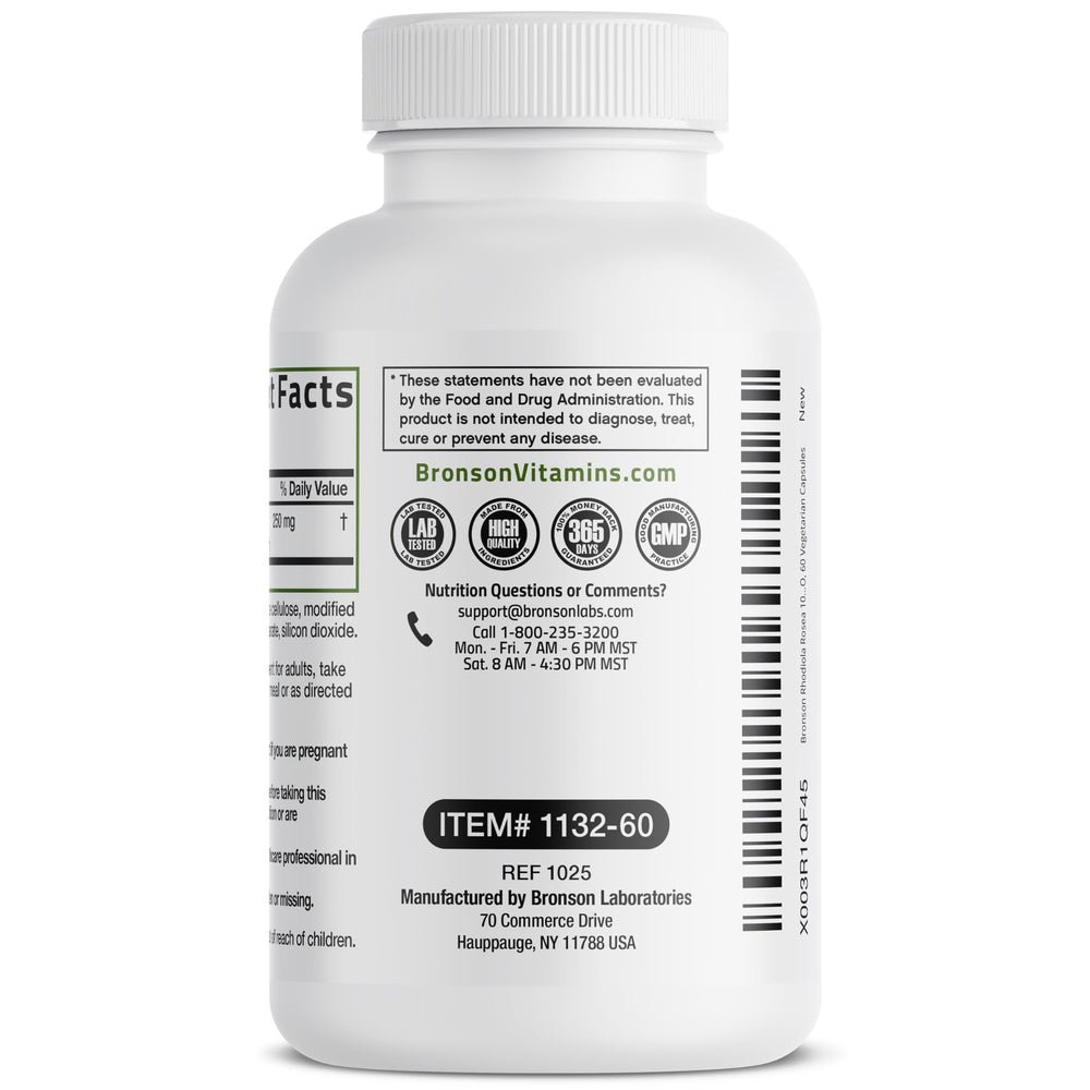 Bronson Rhodiola Rosea packaging emphasizes quality and safety from a trusted New York facility.