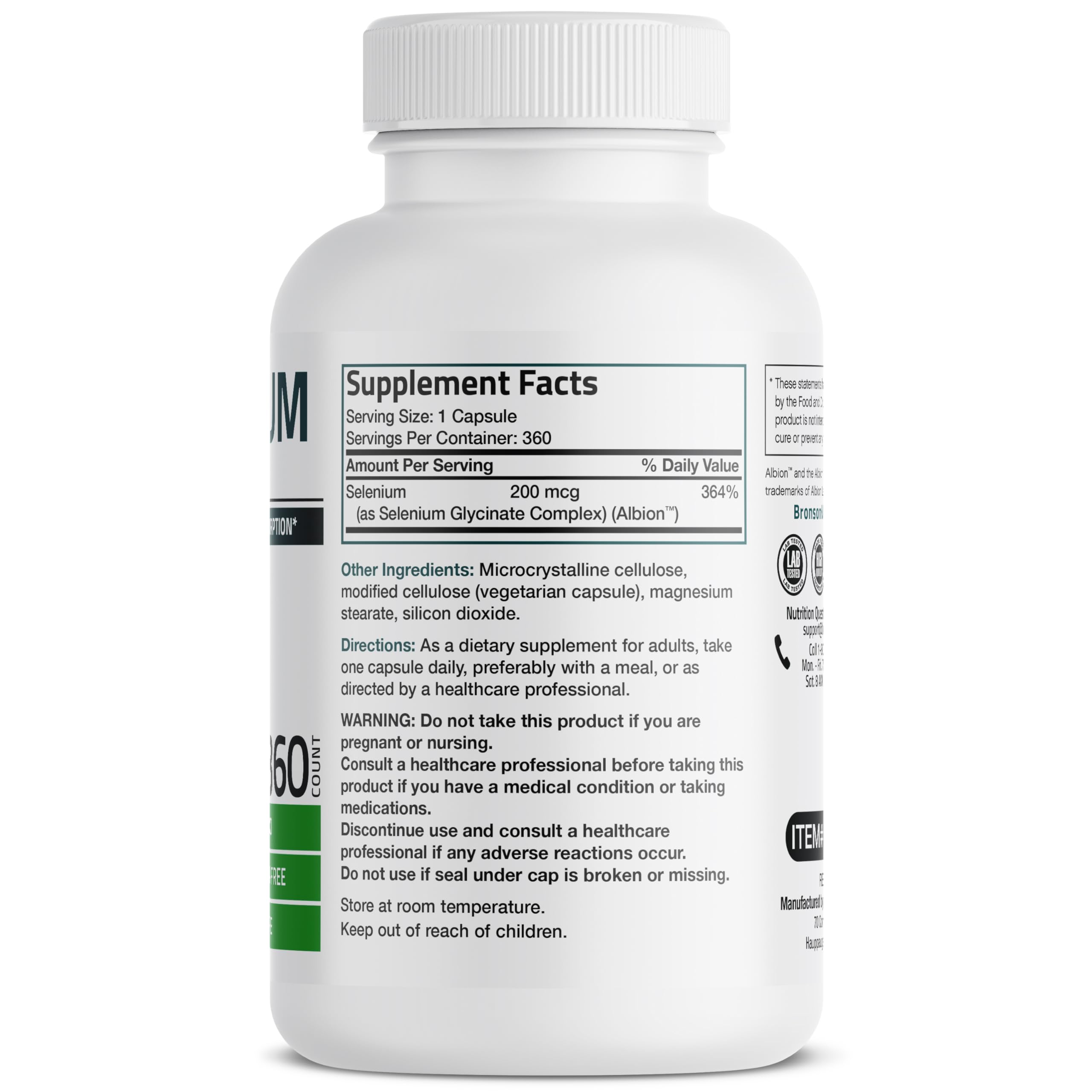 Bronson Selenium 200 mcg capsules closeup showing easy-to-swallow form.