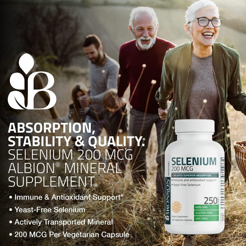 Bronson Selenium 200 mcg label front with dosage information.