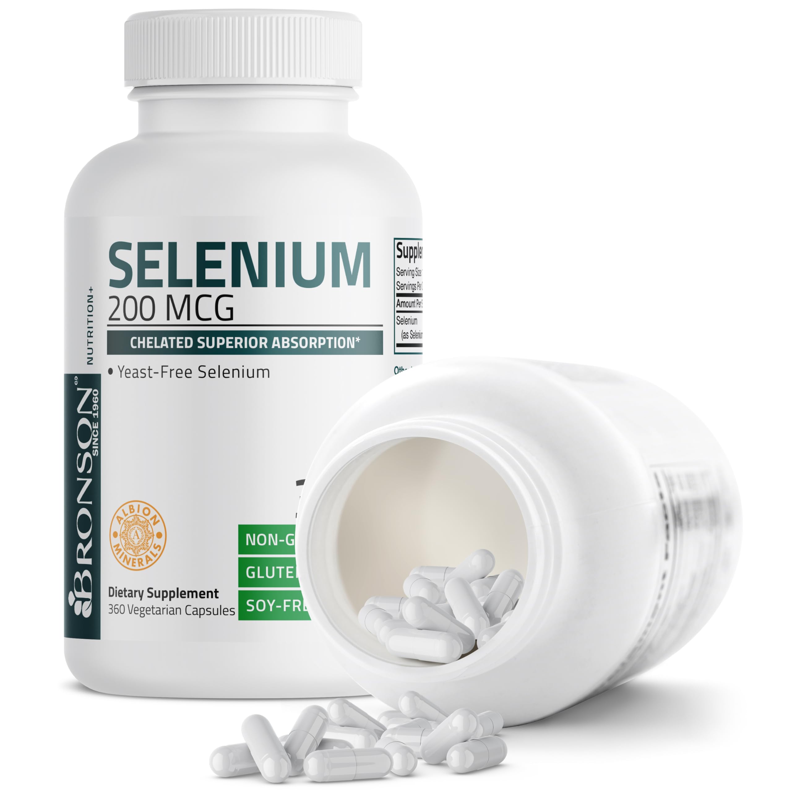 Bronson Selenium 200 mcg packaging detail on a contrasting background.