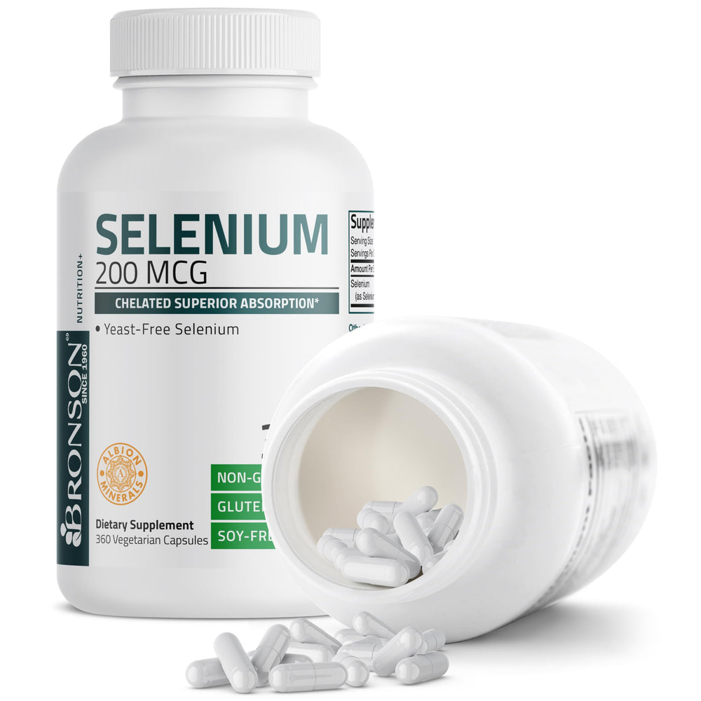Bronson Selenium 200 mcg packaging detail on a contrasting background.