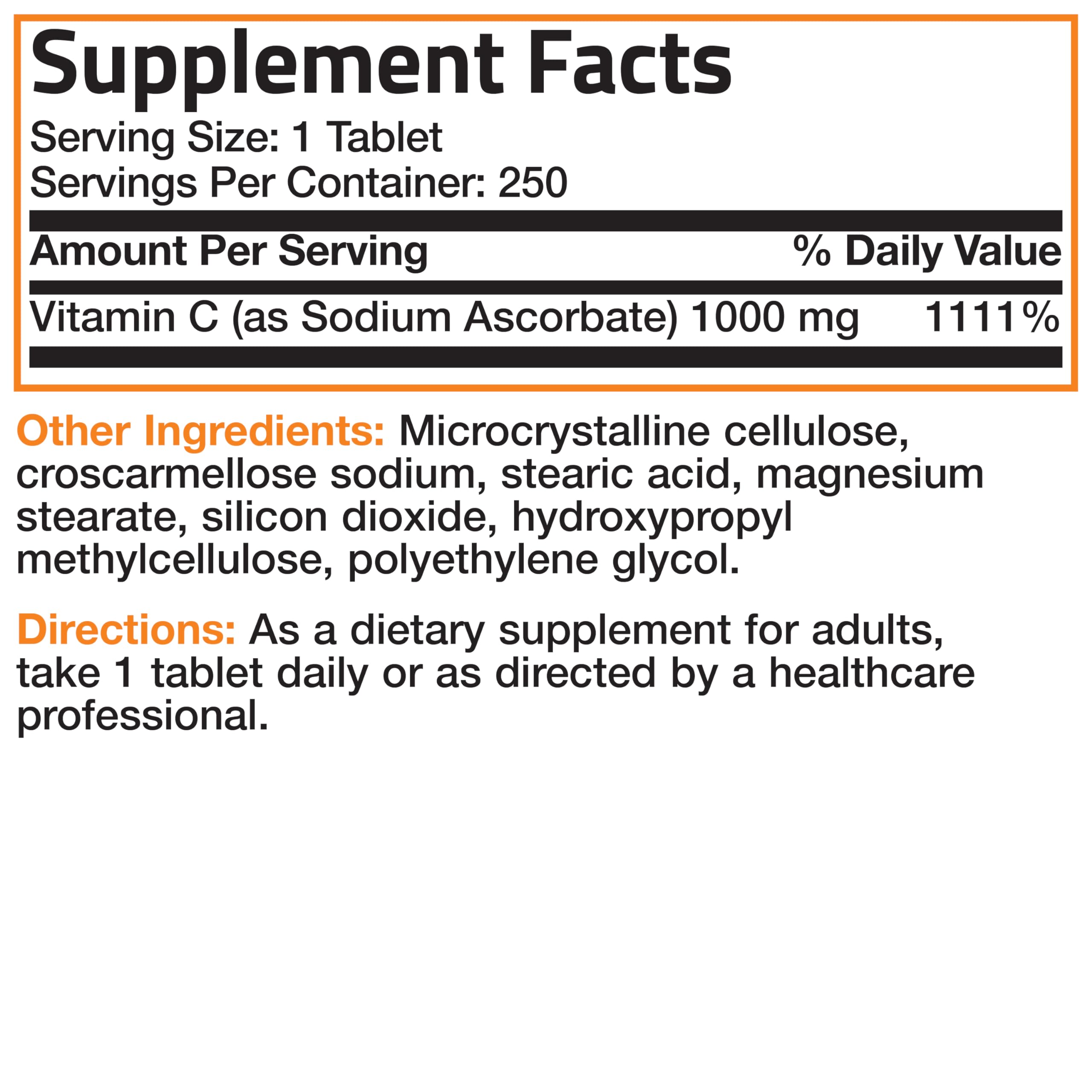 Bronson Sodium Ascorbate 1000 mg ingredients panel and dosage information