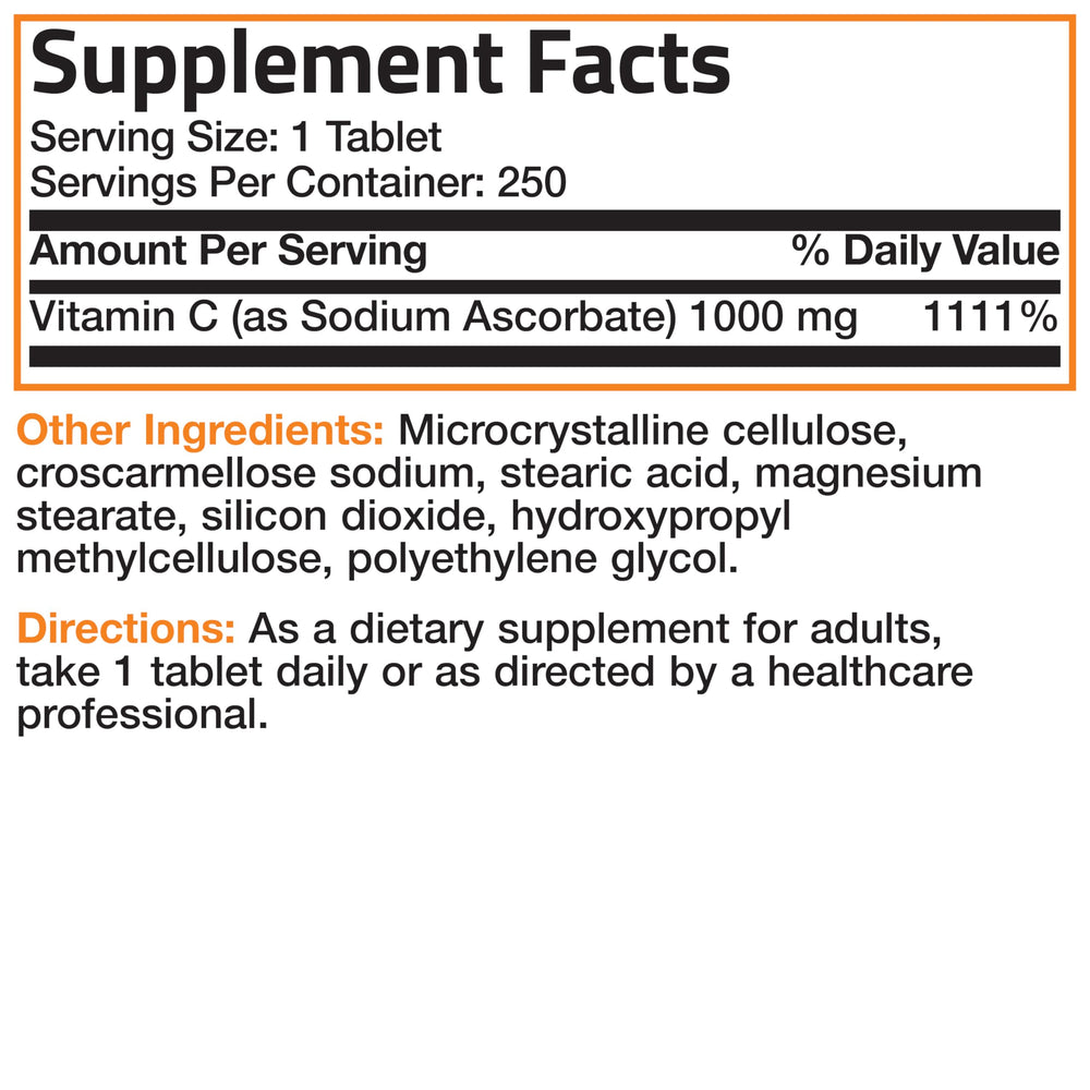 Bronson Sodium Ascorbate 1000 mg ingredients panel and dosage information