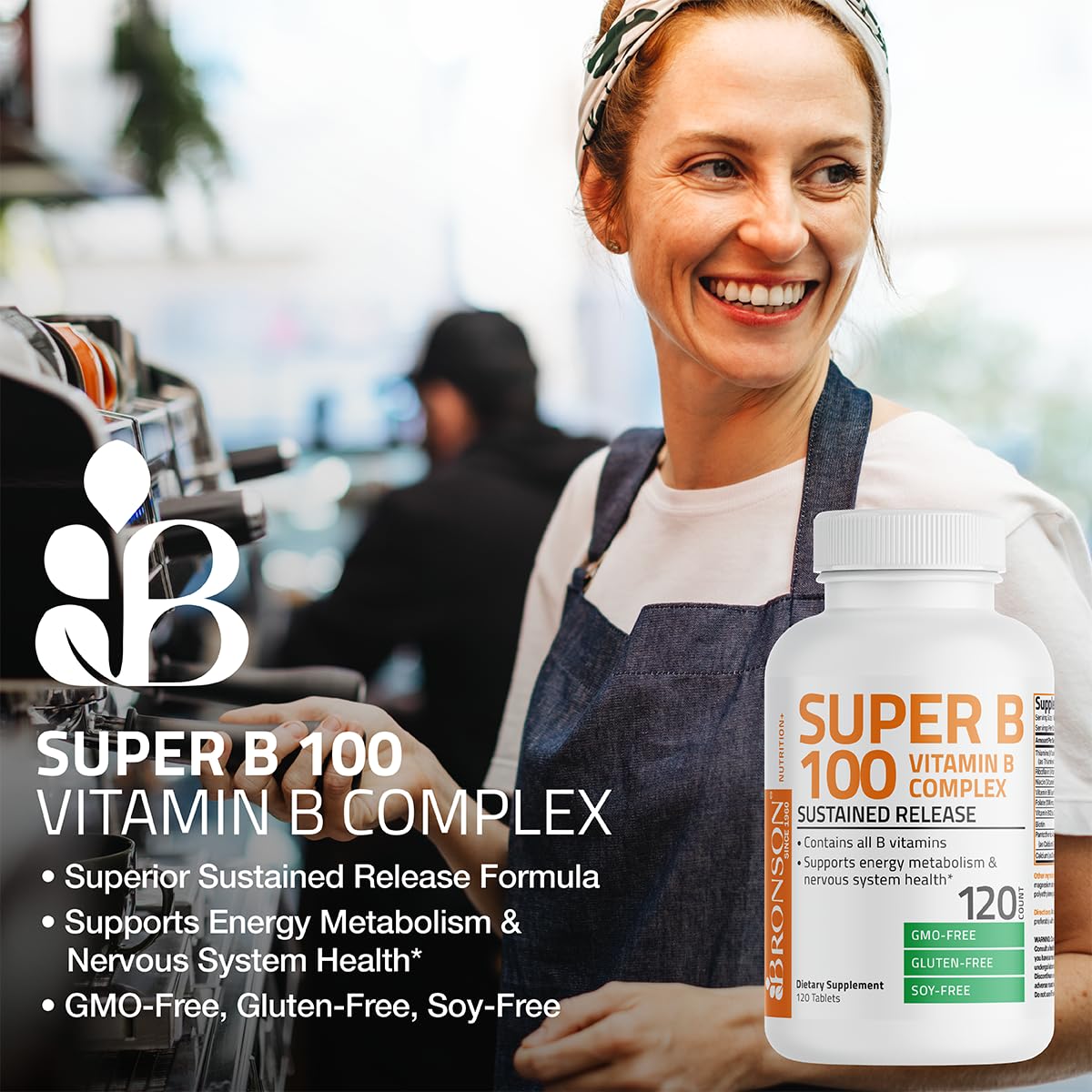 Bronson Super B 100 label detail emphasizes complete B vitamin spectrum