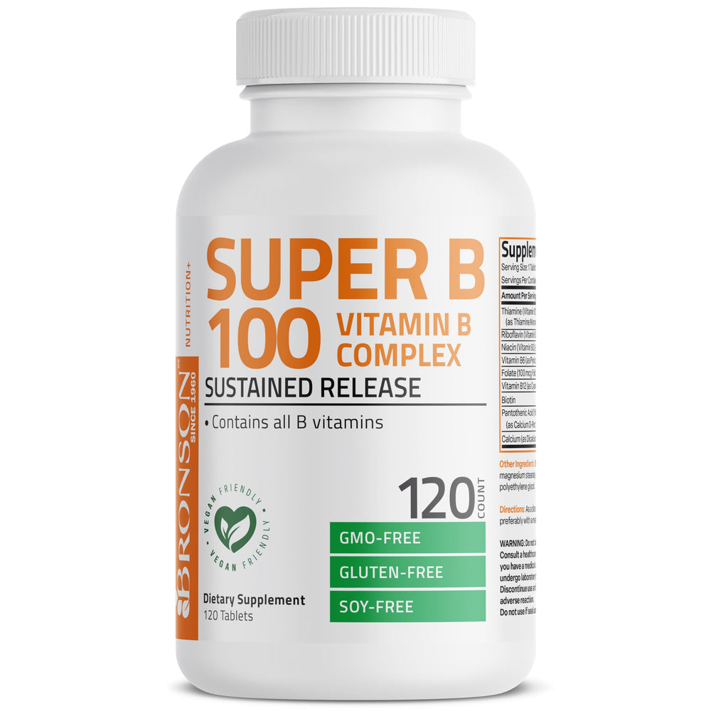 Bronson Super B100 packaging box highlights GMO-free and gluten-free formulation.