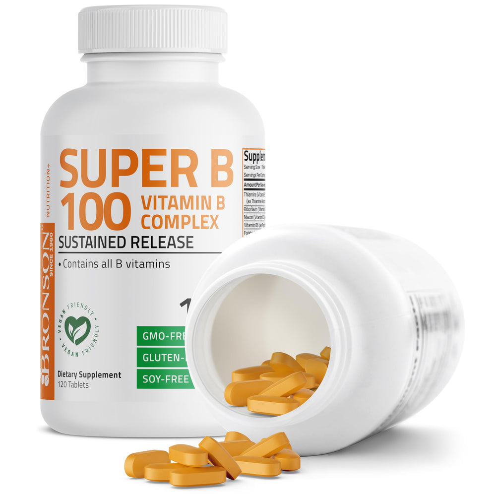 Bronson Super B100 tablets neatly stacked convey a simple daily dosing routine.