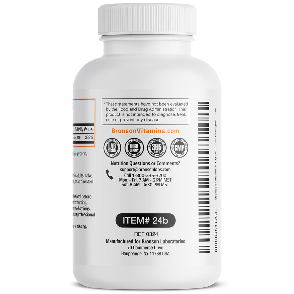 Bronson Vitamin A packaging showing cGMP-regulated lab testing.