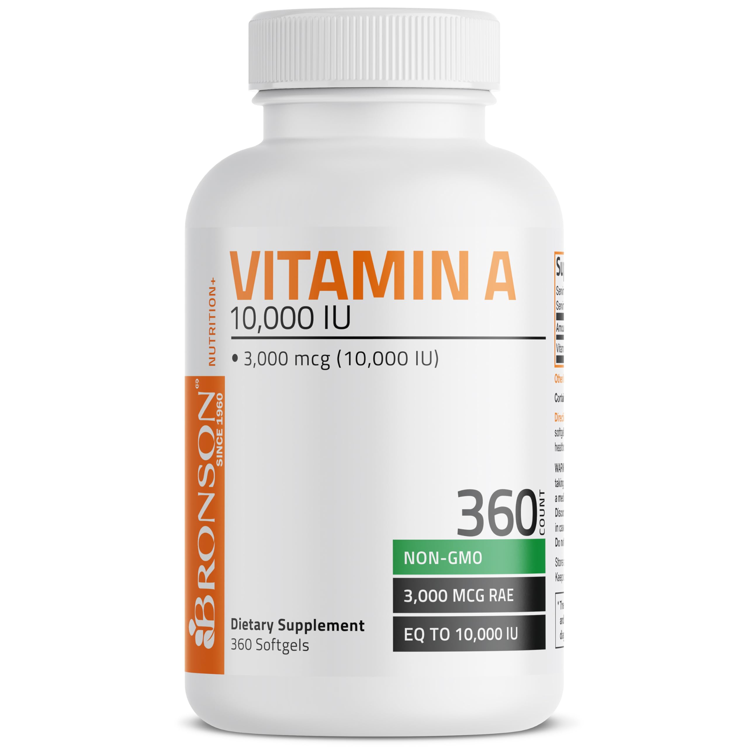 Bronson Vitamin A non-GMO label on bottle emphasizing safety and quality.