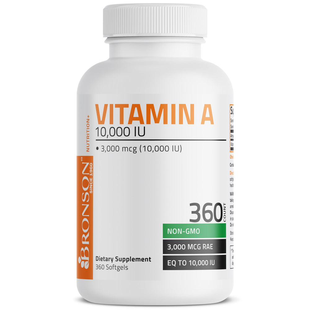Bronson Vitamin A non-GMO label on bottle emphasizing safety and quality.